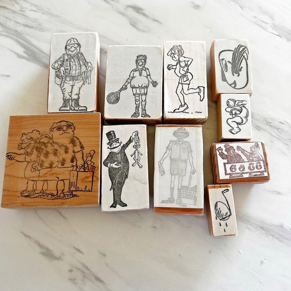 Lot of 10 Wooden Rubber Stamps People Men Weird Jogging Magician Couple HHH